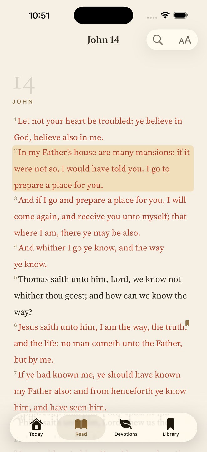 The Stillwater reader showing John 14 with a highlighted verse and a soft verse-action menu.