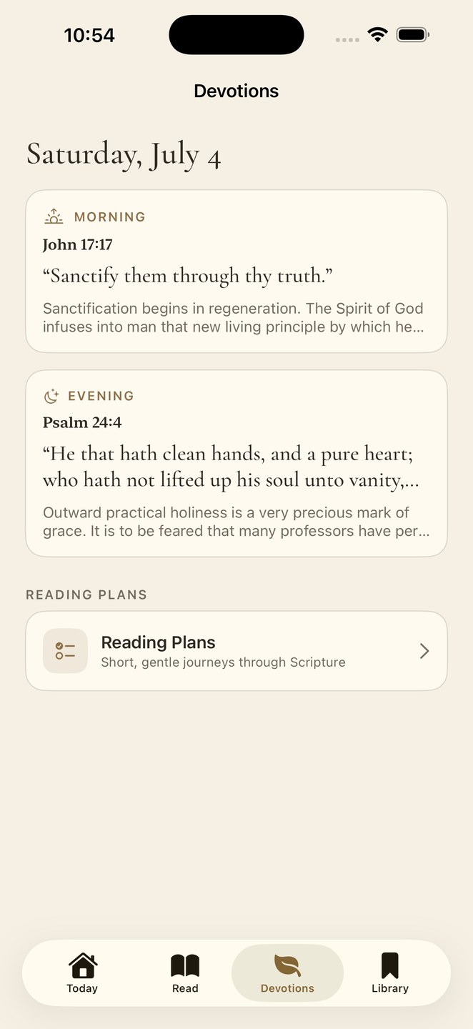 The Stillwater Devotions screen with Morning and Evening readings from Spurgeon for the day.