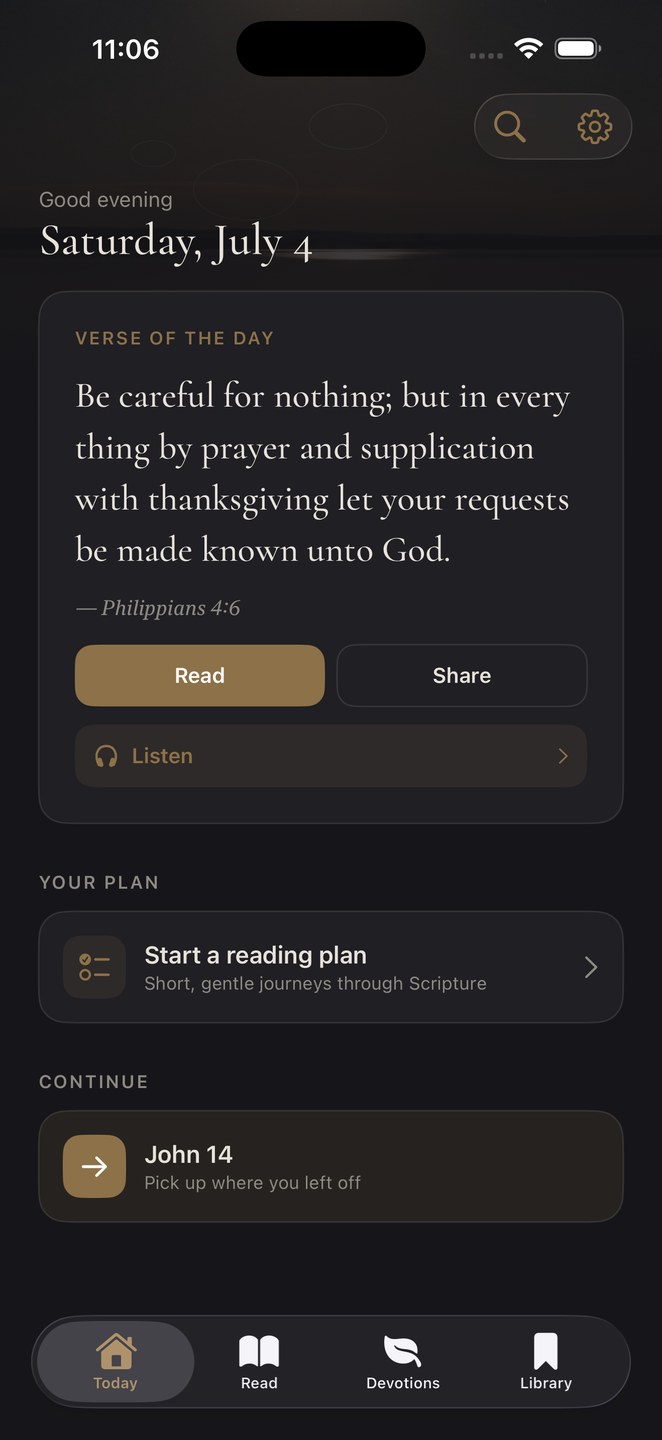 The Stillwater Today screen in its dark theme, the same verse of the day rendered in warm gold-cream text on near-black.